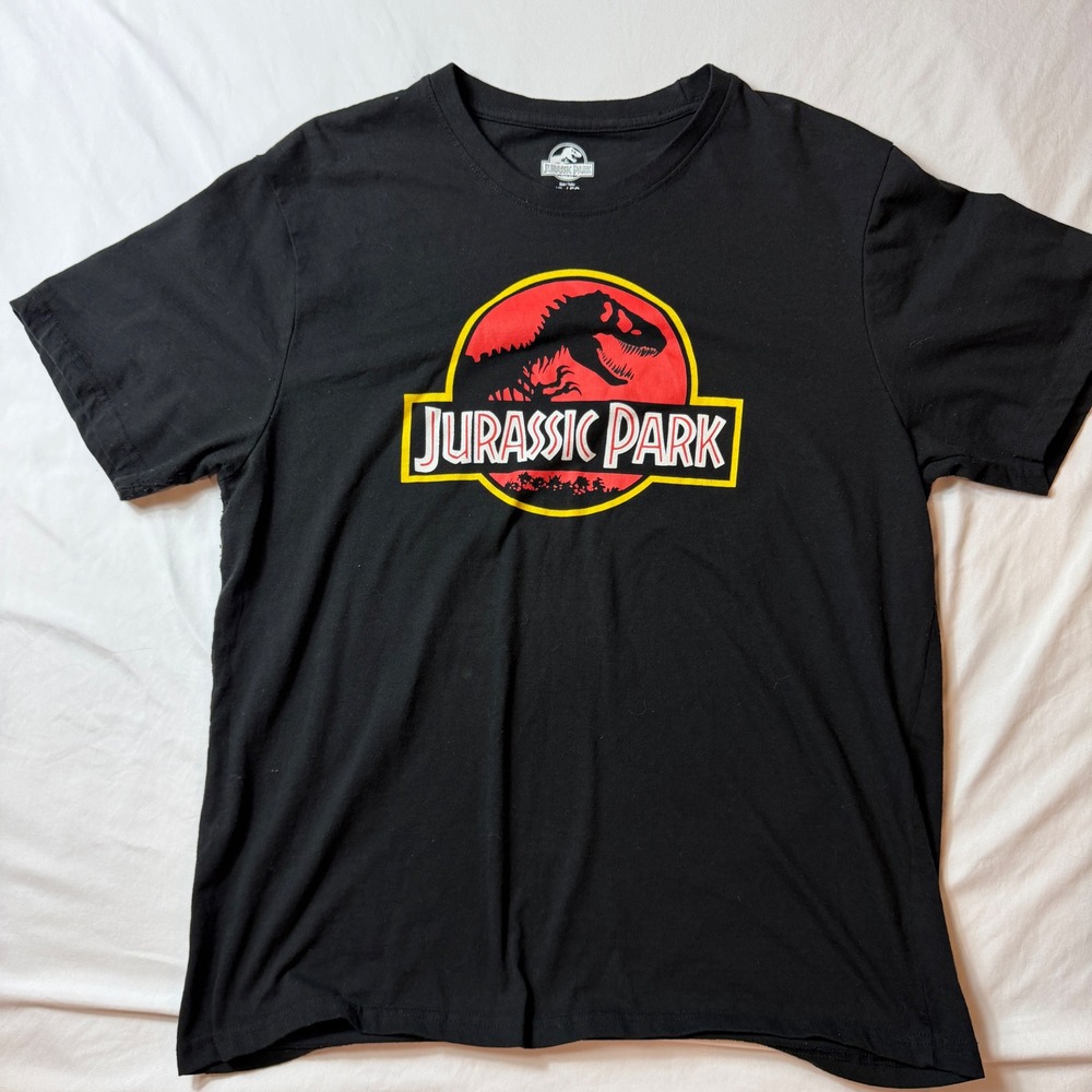 Jurassic Park Mens Graphic T-Shirt Black XL Short Sleeve T-Rex Logo Movie Tee